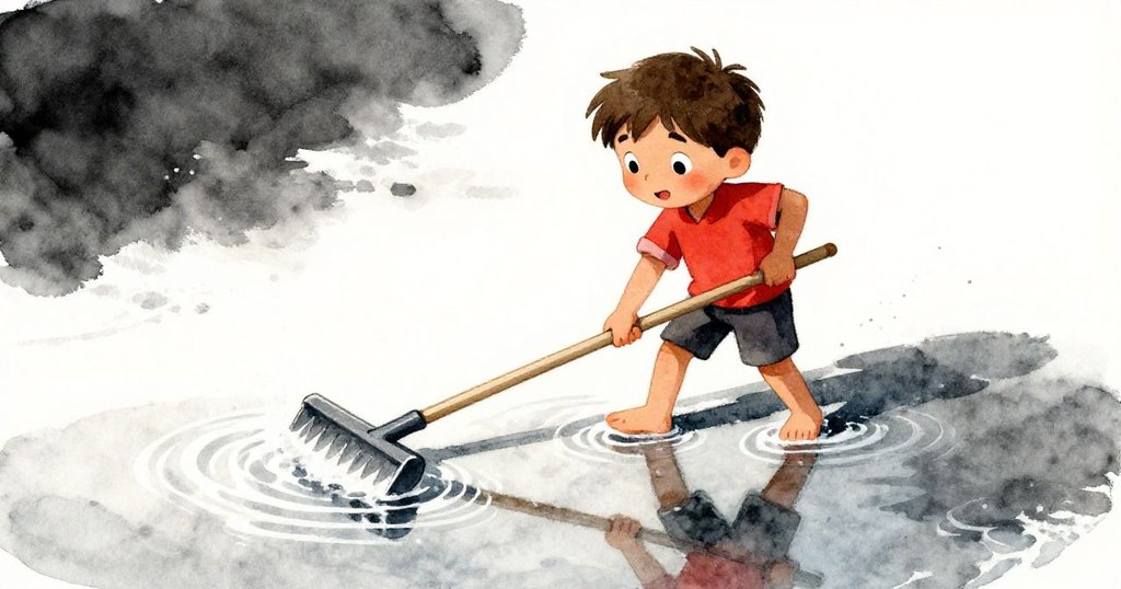 Cruz捲起袖子自信地操控耙子,創造亮麗波紋,背景映襯著陽光與紅色點綴,動作流暢果敢。