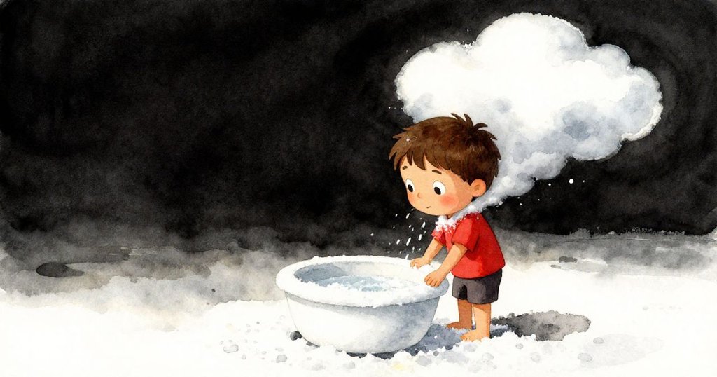 Cruz在鹽池邊靜思,新雪般鹽花飄落,一朵漂浮雲朵輕拂頸側,表情沉思滿足。