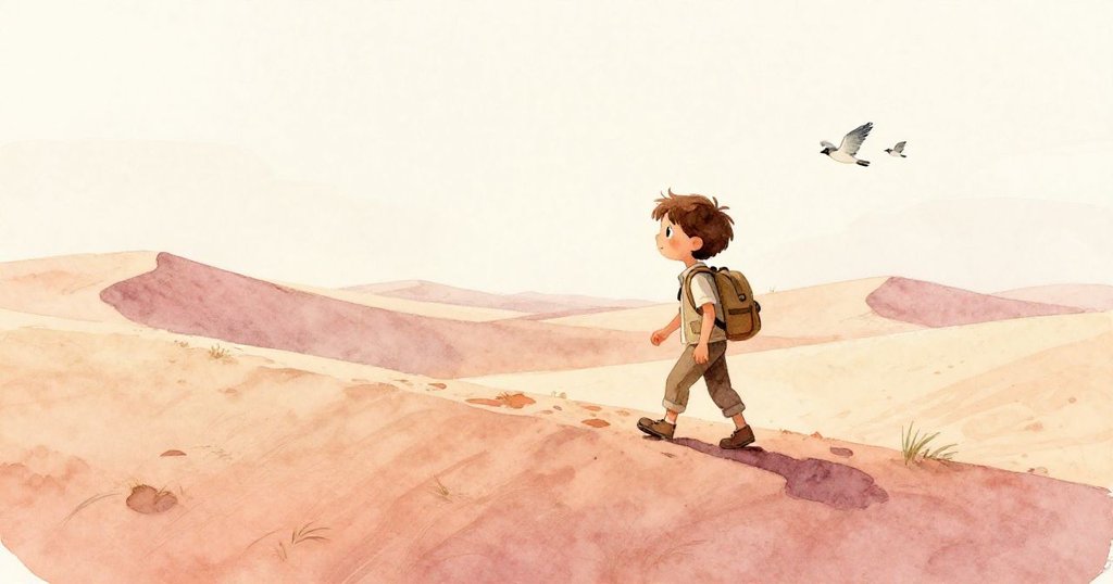 奎因在夕陽下沿著沙丘頂端前行，背後有飛鳥點綴廣闊沙丘，展現旅程開始的探索情景。