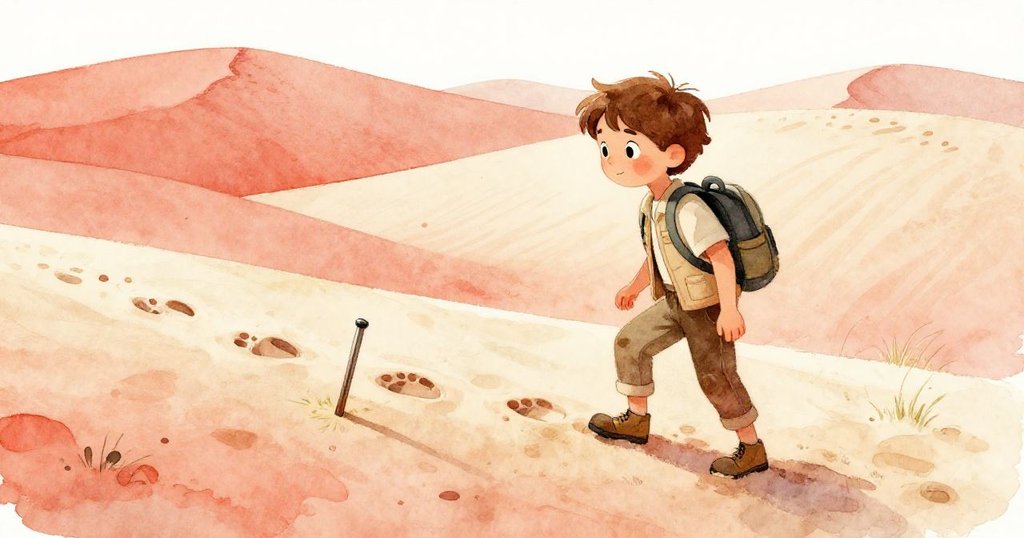 奎因在層次豐富的沙丘中小心行走，前景中有他重新支撐的桿子和逐漸模糊的腳印，展現努力與探索之旅。