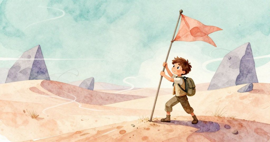 在超現實幾何形狀的沙丘中，奎因正努力穩住傾斜的桿子，風中飄揚的旗幟和扭曲的沙丘線條營造出奇幻氣氛。