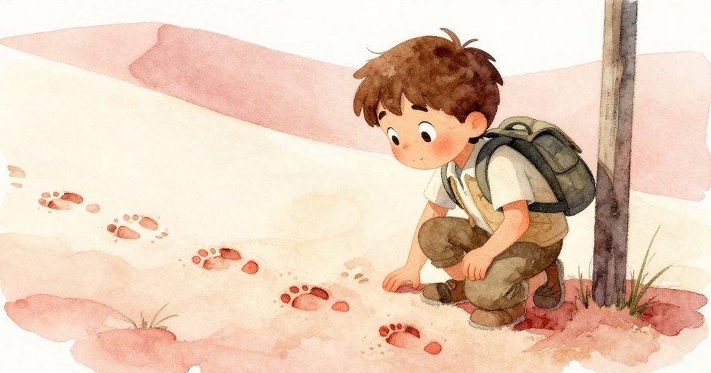 奎因驚覺沙丘旁神秘的腳印，他微微彎身細察，臉上流露出好奇與驚喜，展現發現新線索的時刻。