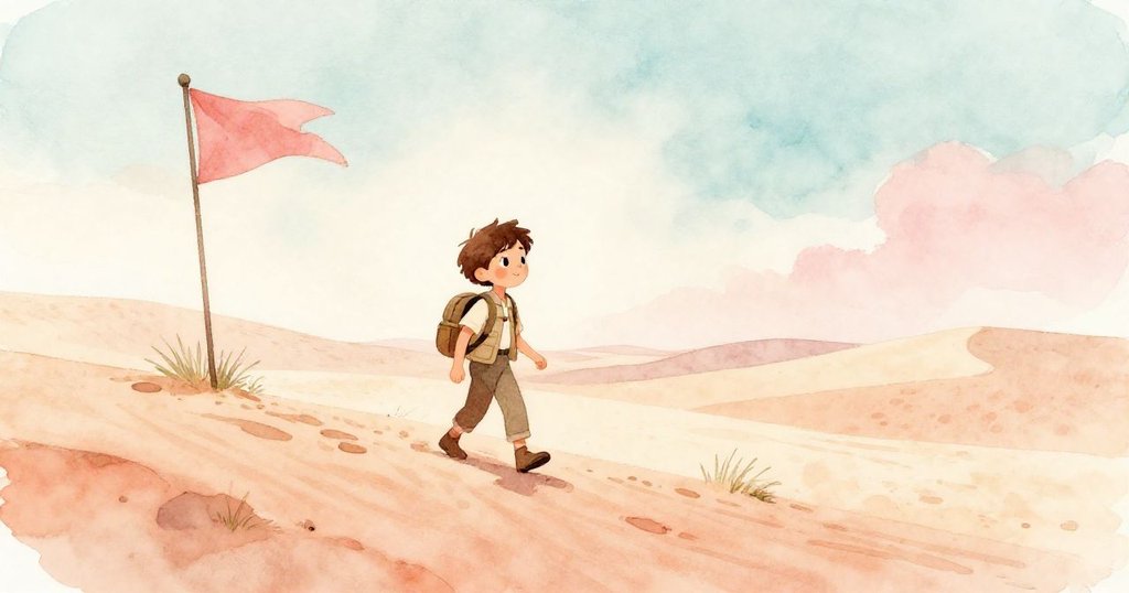 奎因背著沉默的背包沿穩固的風向沙丘前行，東方微風吹拂著輕舞的旗幟，完美呼應旅程圓滿迴環的結局。