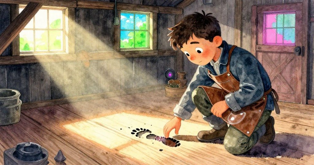 Max正蹲下在溫暖的木棚中仔細觀察木板上閃亮的濕跡，溫柔光線灑落，神秘而充滿期待。