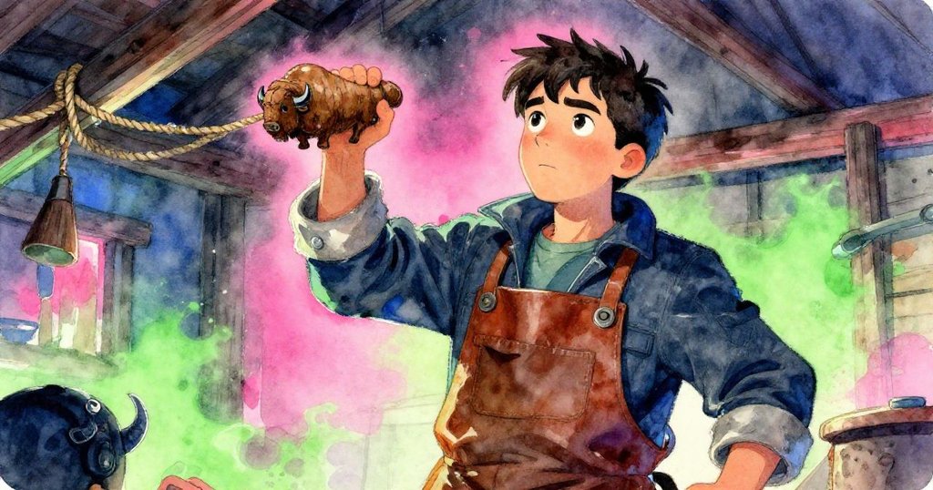 Max抬起雕刻的小野牛砝碼準備夾在線索上，神情堅定，從低角度突顯出他的重要性和決心。