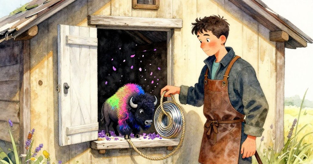 Max在柔和的午後光中將砝碼放置在敞開的門檻上，旁邊完成的纏繞繩圈散落著薰衣草花瓣，氛圍溫馨。