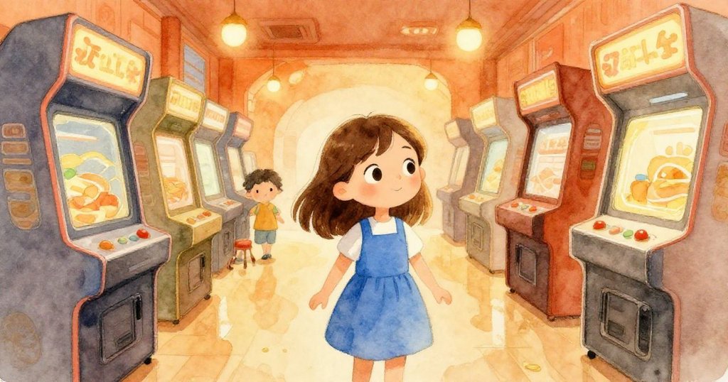 奧利弗進入燈光璀璨的拱廊，人群與機台交織，她滿懷驚喜與期待，環境溫暖熱鬧。