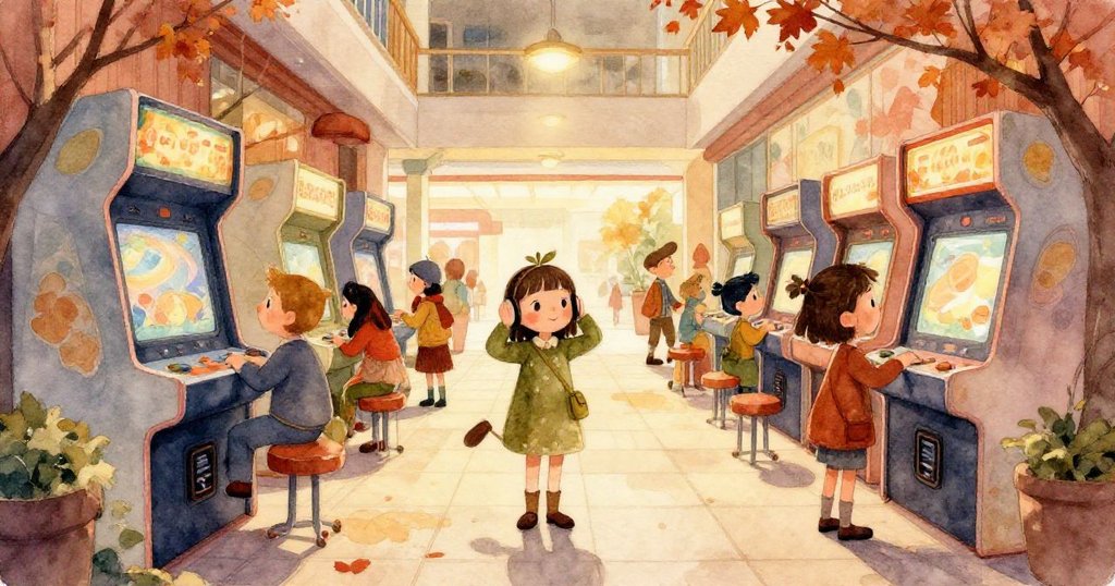 奧利弗將硬幣投入拱廊機台，手部細節清晰呈現操縱桿糖痕與柔和毛絨玩具並排展示。