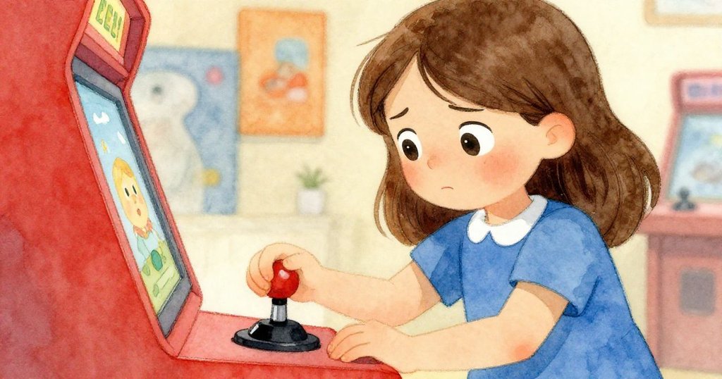 奧利弗緊握操縱桿，面部壓抑緊張，手指輕觸按鈕，映出拱廊機台異常醒目的音效時刻。