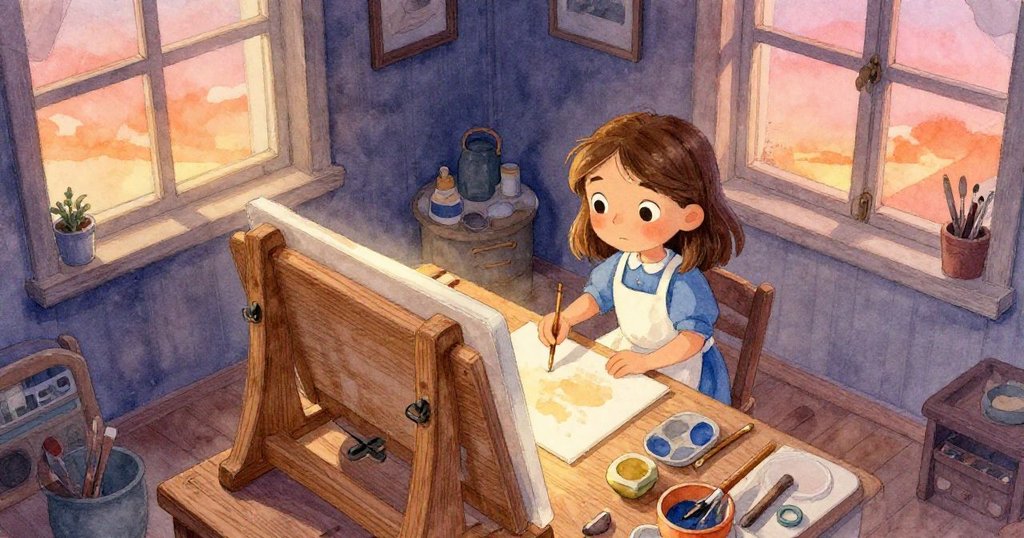 Cora在溫暖工作室裡從高處俯視轉台與工具，眼神專注帶著好奇，環境充滿柔和金光與家庭溫馨氣息。