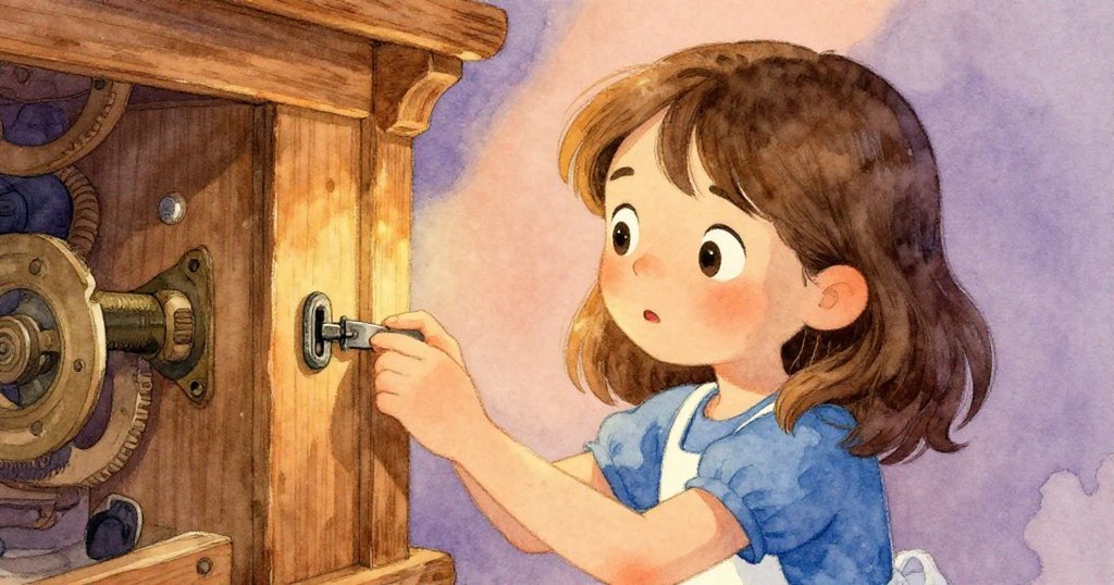 Cora凝視轉台上隱藏的閂門，臉上流露出驚奇與好奇，柔和光線映襯著工坊內充滿細節的機械裝置。