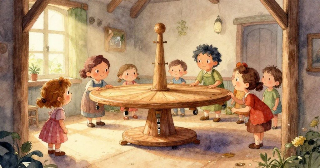 Cora手持畫筆輕轉轉台，專注操作中感受微妙聲響，畫面動態傾斜增加奇幻感，溫暖光影襯托工坊細節。