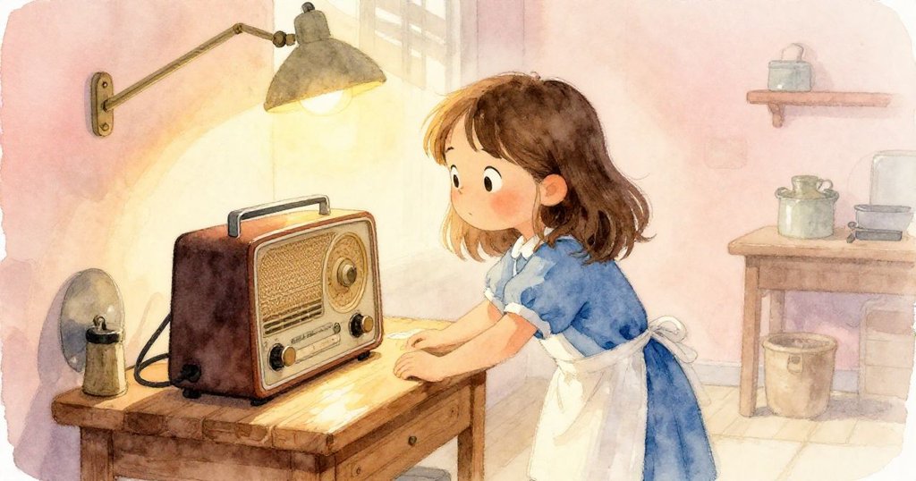 Cora在晨光中靜靜站立，望著播放斷續訊號的收音機與轉台，心中滿懷回憶與沉思，場景溫柔而寧靜。
