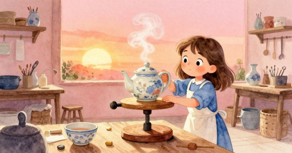 Cora滿意微笑望著平衡的轉台，蒸氣輕繞瓷壺，工坊溫暖和諧，她內心充滿放鬆與喜悅，結局溫馨美好。