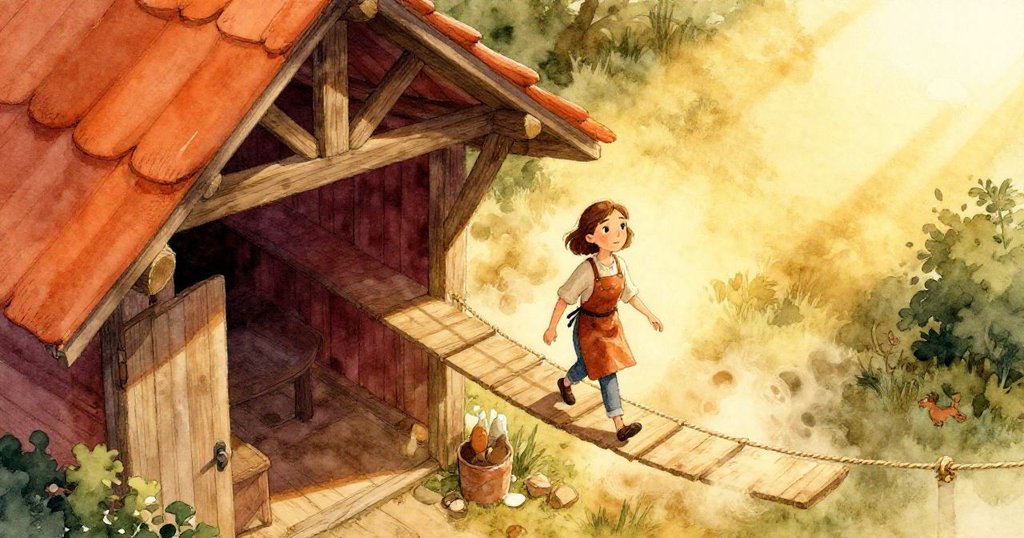 Wren站在木棚中,沿著繩道行走,斜陽灑落,灰塵飛舞,場景展現溫暖忙碌的早晨情境。