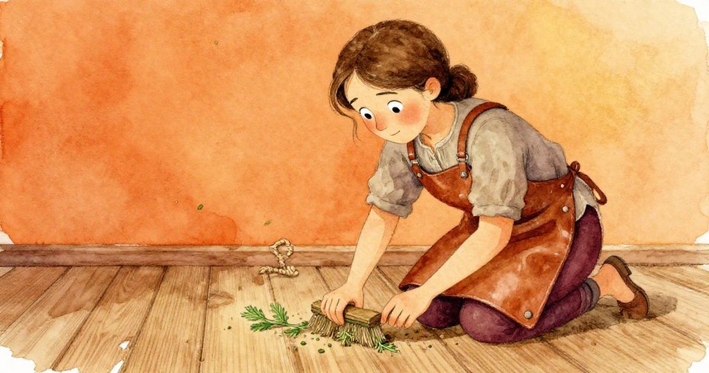 Wren小心踏在古舊木地板,用手輕撫附著在皮圍裙上的綠色香草,展現專注與溫柔的動作。