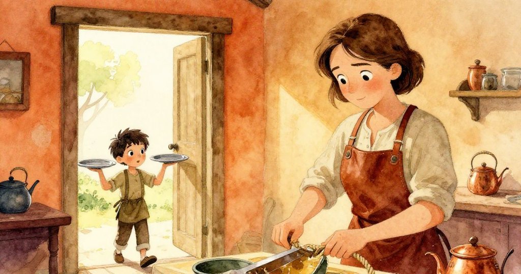 Wren專注調整繩索,前景中展現她靈巧雙手,背景年輕男孩在門口平衡金屬托盤,場景層次分明。