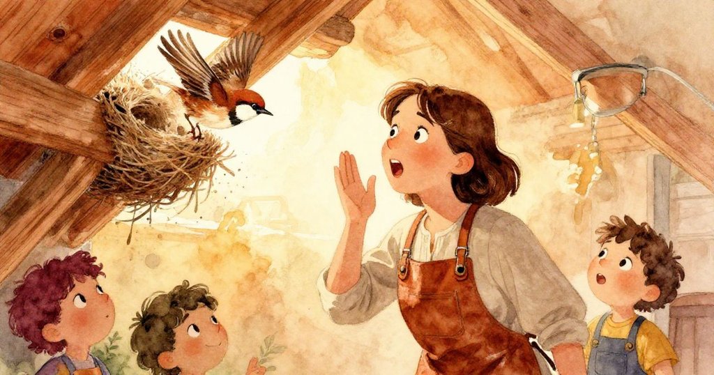 Wren驚訝地停下腳步,瞪大雙眼望著從雪松橫梁上驚飛的小麻雀,瞬間充滿意外情緒。