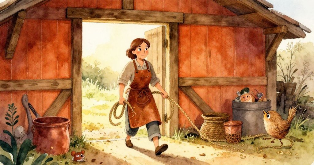 Wren整齊捲起完成的繩索,邁步走向被溫暖夕陽映照的開放門口,背景散落麵包碎與香草,傳達告別情懷。