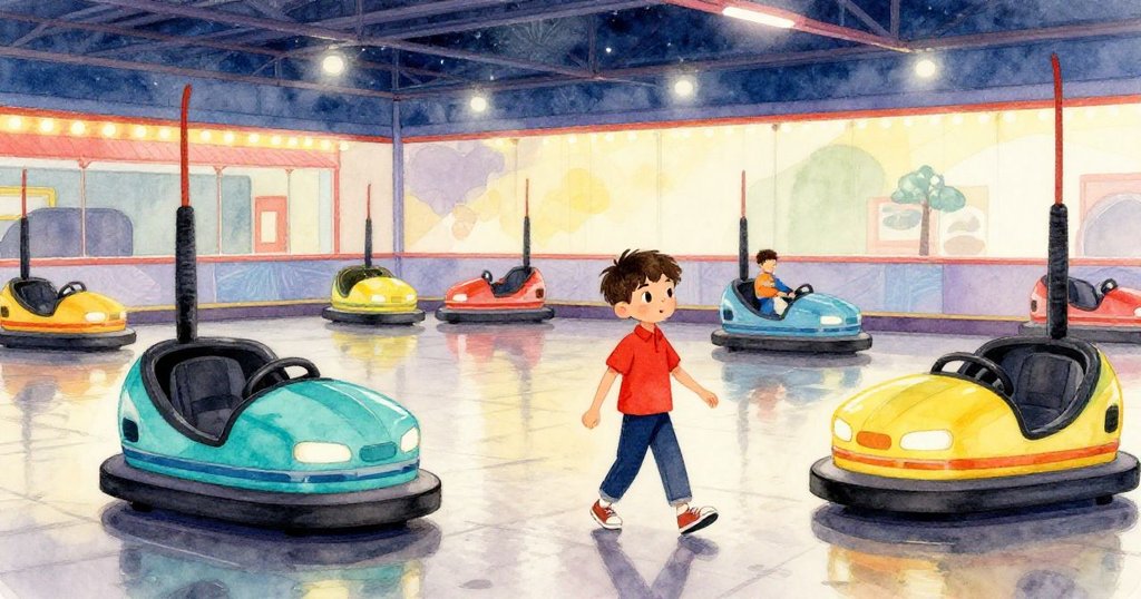 露克在閃亮碰碰車場地中走動,數著貝殼,表情專注,夜晚人潮熱鬧,開始奇幻探索之旅。