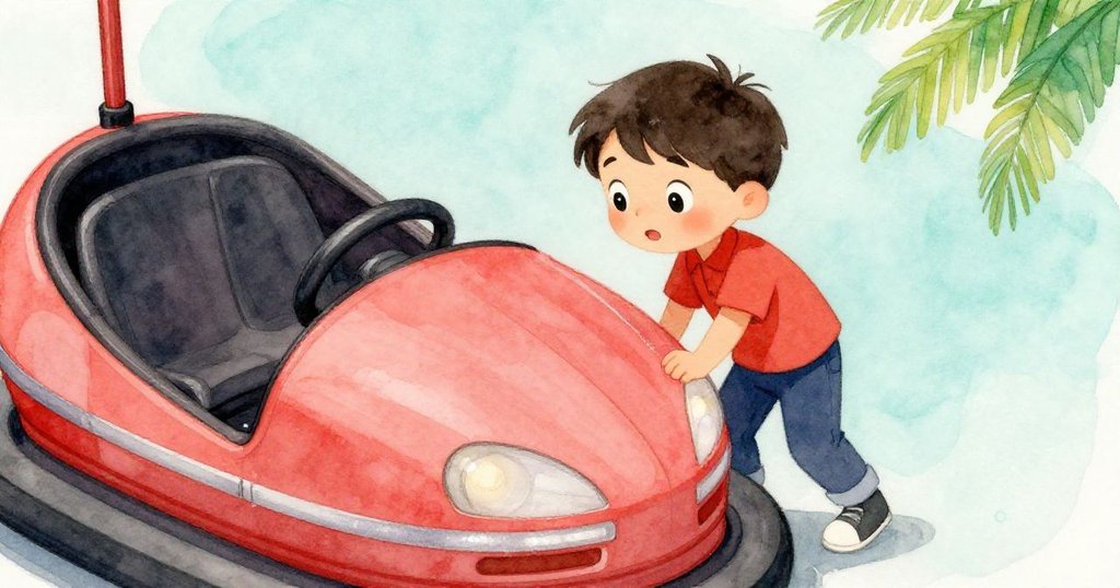 露克彎腰仔細檢視紅車旁微亮金屬紋理,眼神好奇,發現隱藏神秘光芒的片刻。