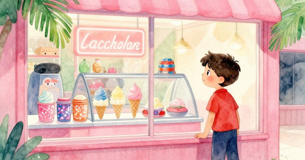 露克透過冰淇淋店窗觀望,玻璃上霓虹閃爍,神情充滿驚喜與期待,情節轉折展現心情變化。