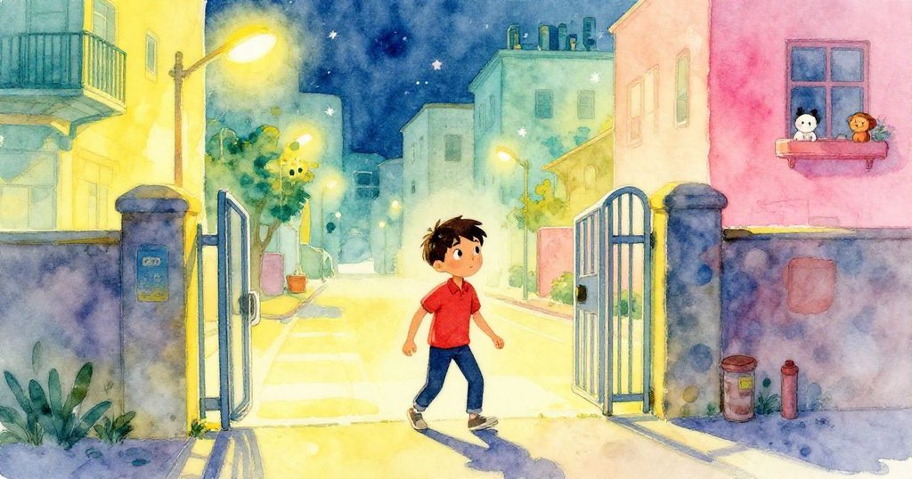 露克走出場館進入明亮街道,街燈溫暖輝映,邊界明顯轉換,心中充滿期待與堅定步伐。