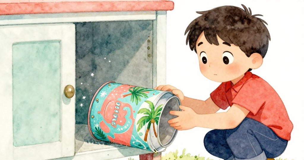 露克蹲下揭開半掩櫥門,發現祭典罐子洩漏閃粉,表情驚異兼滿足,好奇心驅使探索新發現。