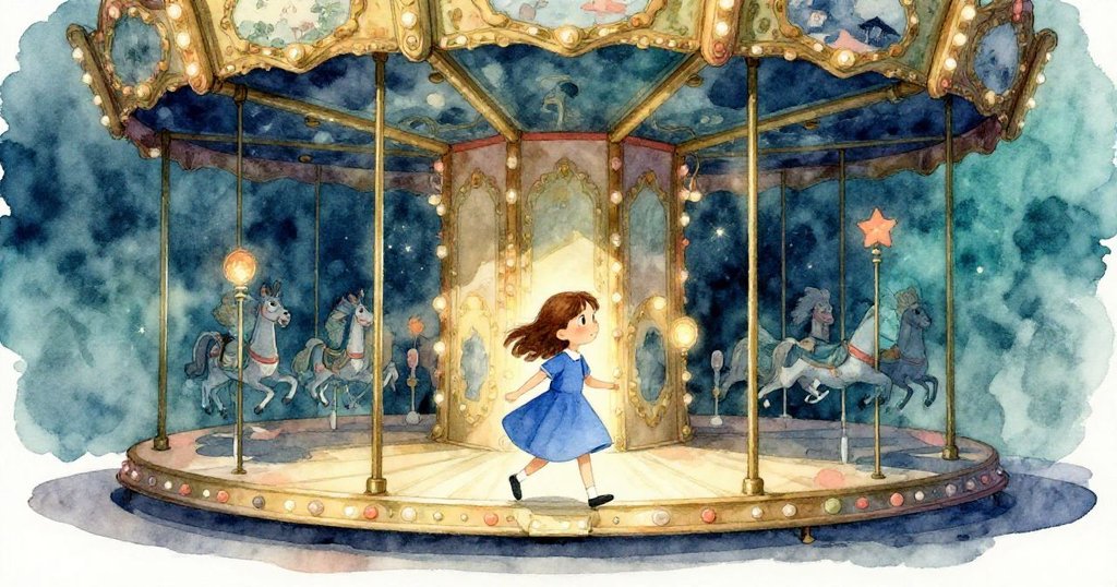 克拉拉跨過金屬門檻進入充滿古老旋轉木馬房間，燈光閃爍映出銅管陰影，展現好奇與神秘情緒的開頭場景