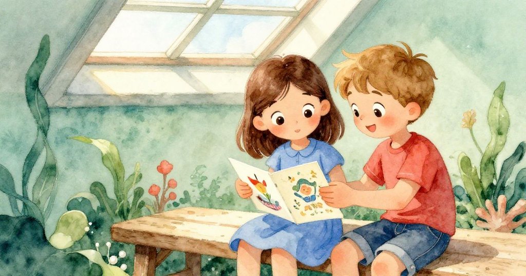 克拉拉與馬克在天窗下的長椅上展開手風琴卡，仔細檢查紙邊摺痕，陽光照映下充滿懷舊與探索情緒