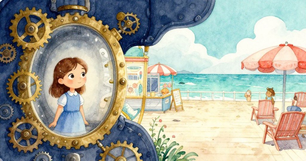 克拉拉身處機械室中，一側呈現銅管齒輪，另一側浮現溫暖板道記憶，雙重光影交織出沉思與懷舊感