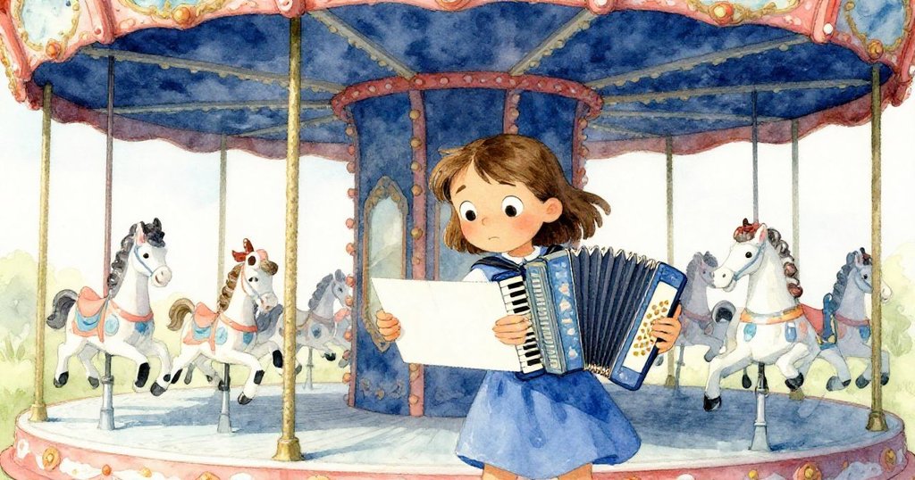 克拉拉全神貫注推動手風琴卡，指尖輕觸分裂銅管，燈光映出堅毅與掙扎之情