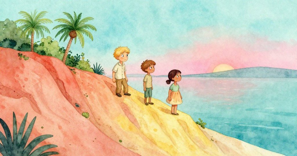 Dale在低嶺晨光下注視Sage輕刷化石，石層分明，兩人展現專注好奇情感，環境充滿寧靜與神秘。