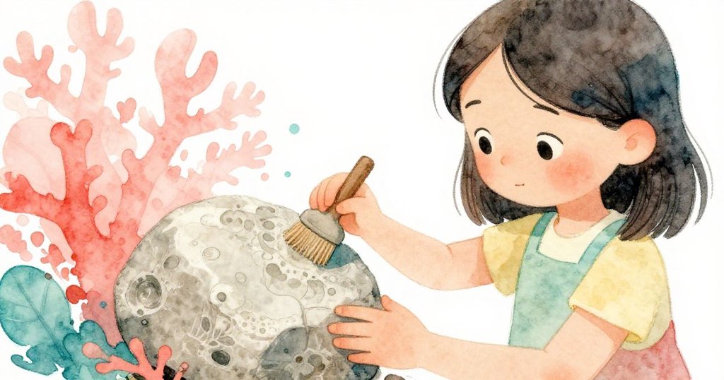 Sage專注臉部特寫，輕刷古石展現沉靜決心，柔和光線突顯她溫柔神情與精細動作。