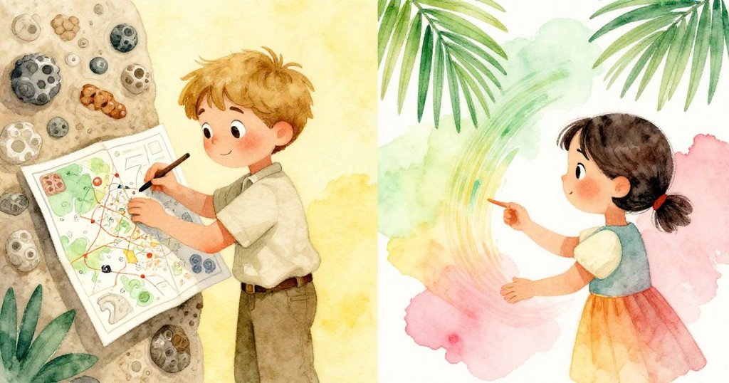 Dale用指尖和地圖仔細描繪化石層次，Sage輕刷化石發出深沉韻律，場景分屏展現探究與專注。