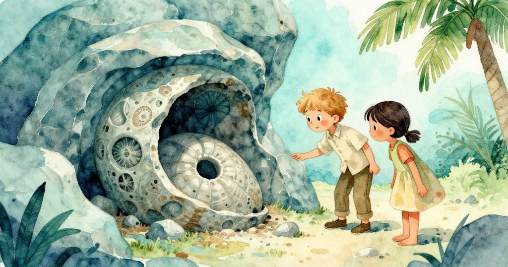 化石床中隱現古老貝殼，Dale與Sage彎身細看坑紋精緻細節，晨光灑落展現隱秘歷史與自然魅力。