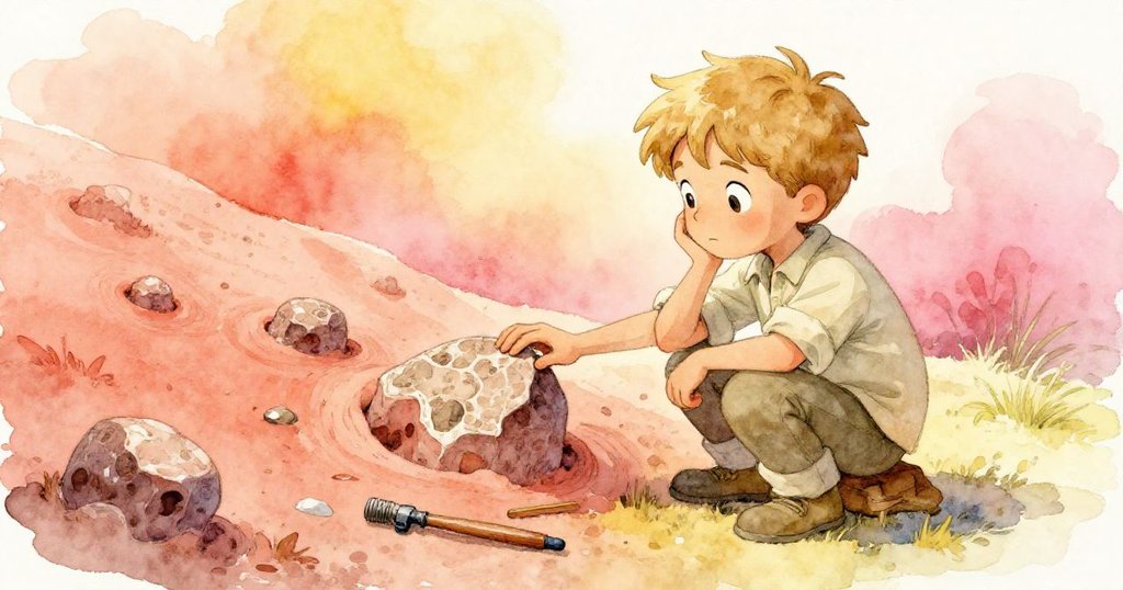 Dale在化石細縫前猶豫不決，手輕伸上石面，工具靜放一旁，臉上流露思考與謹慎情感，氛圍溫暖。