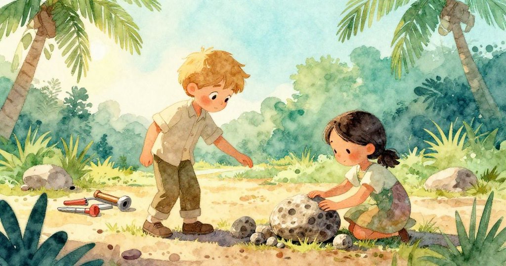 Dale收拾工具離開化石現場，Sage靜心繼續輕刷石面，暖金光影映襯粉塵飛舞，展現告別與堅持情懷。