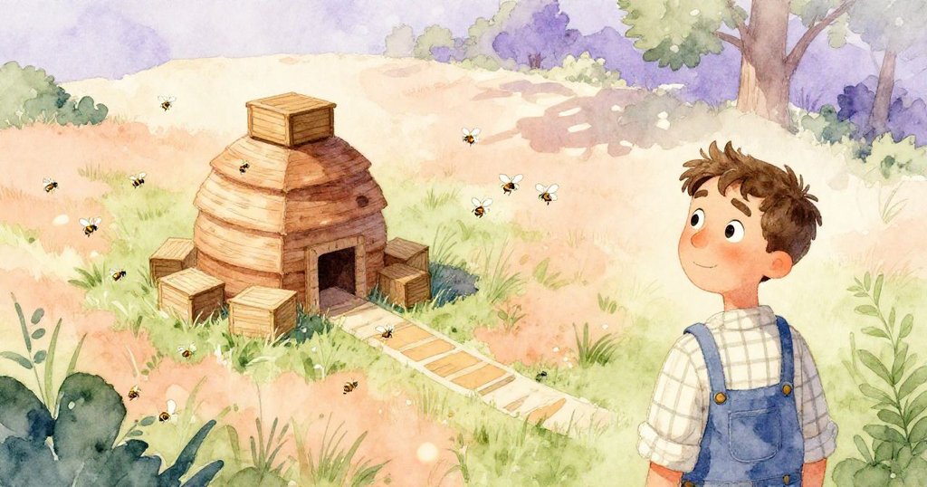 Wade站在大草原上俯瞰蜂巢及整齊木箱，夕陽餘暉映照四周，蜂群忙碌，展現好奇與期待的情感。