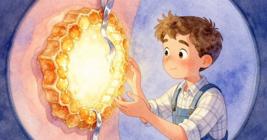 Wade細心檢查發光蜂蜜背後的蜂巢框，鏡頭扭曲呈現蜜與鐵銹絲線交織的神秘細節，充滿探索之情。