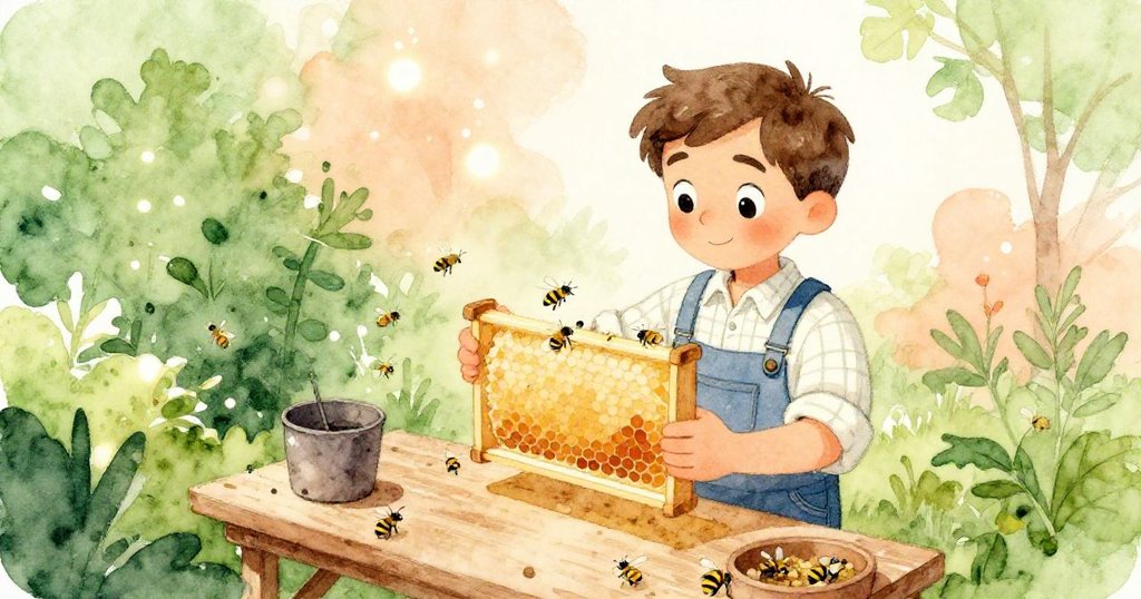 Wade站在高處工作台前舉起蜂巢框，蜜蜂圍繞忙碌，柔和光線與自然氛圍完美融合，呈現和諧之美。