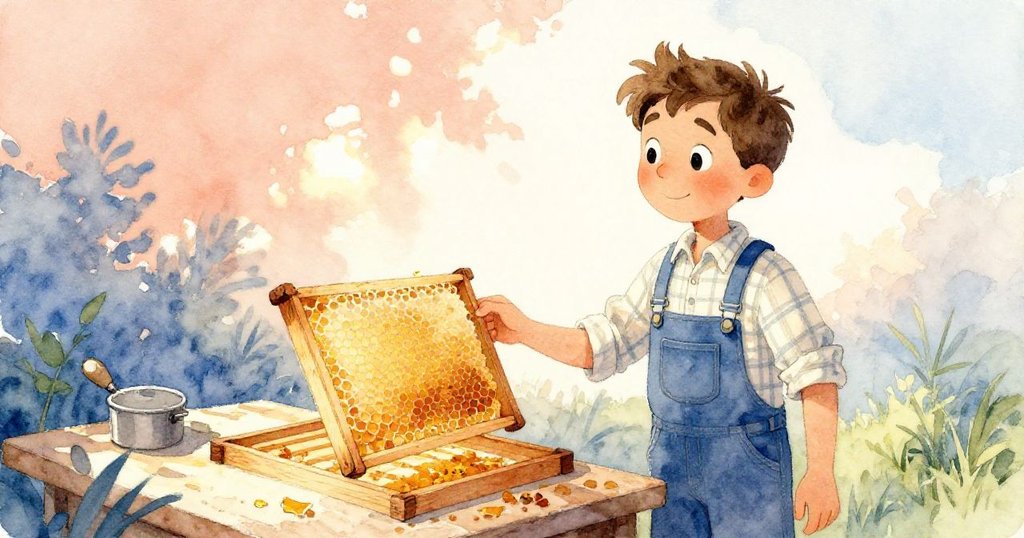 Wade放下工具離開工作台，修整完的蜂巢與冷卻碎片在夕陽下靜候，彰顯自然循環與努力成果的韻味。