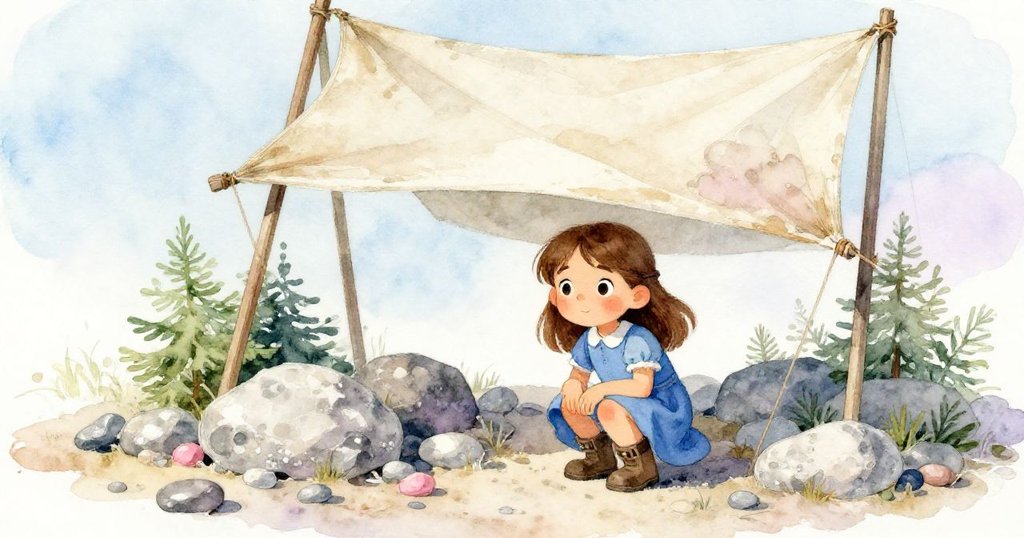 Lina蹲在褪色帆布棚下，踩著卵石邊緣，觀察環境，神情專注，故事剛開始展開。