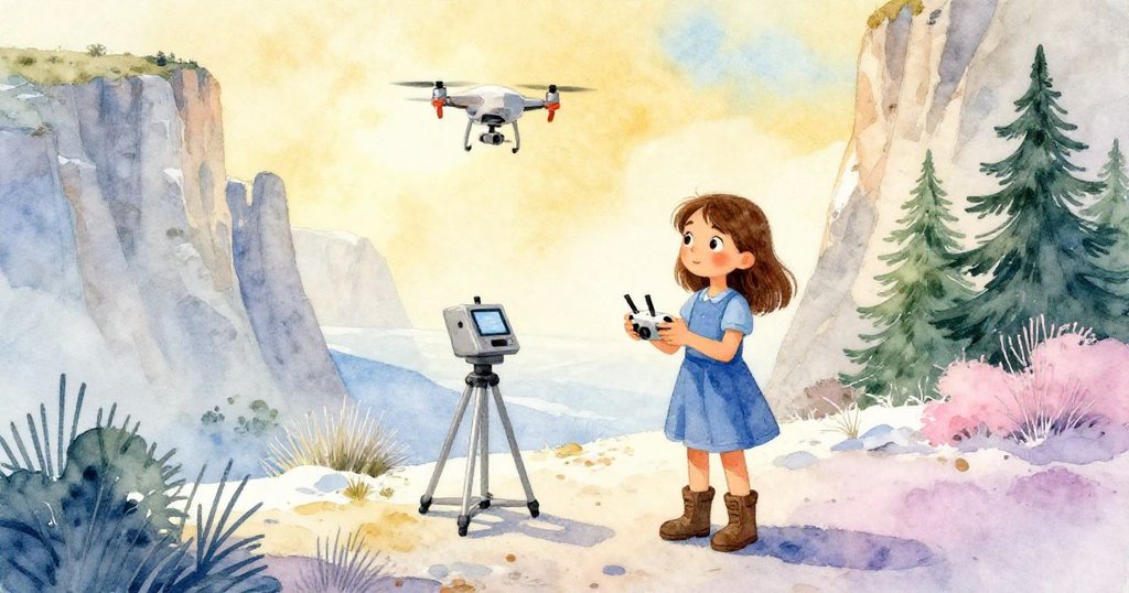 Lina於午後金光中調整控制器，背景為岩崖與纖細灌木，光影交錯，表情堅定，時光緩緩推進。