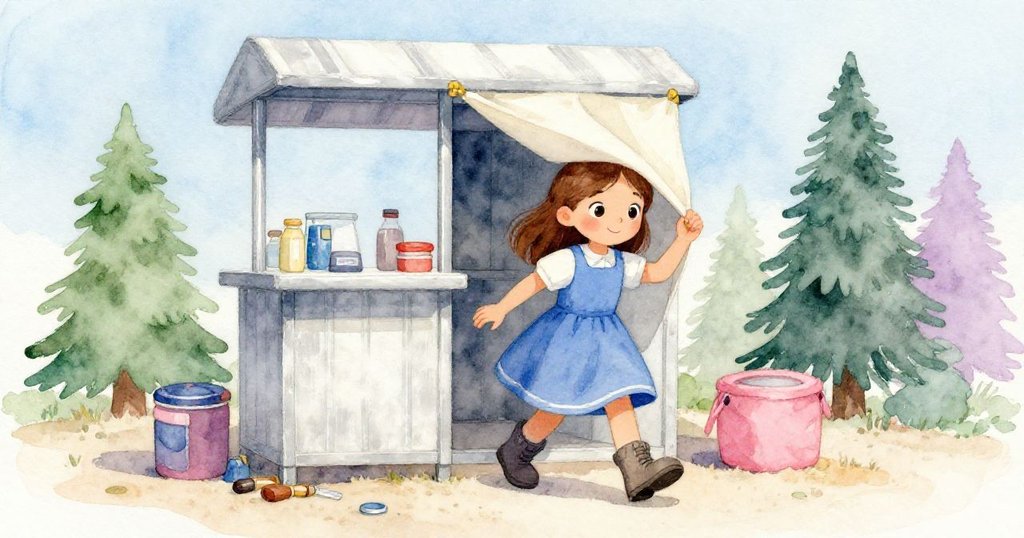 Lina走出測量站，帆布輕拂肩頭，沙中散落零件暗示著冒險延續，眼中流露堅毅與希望。