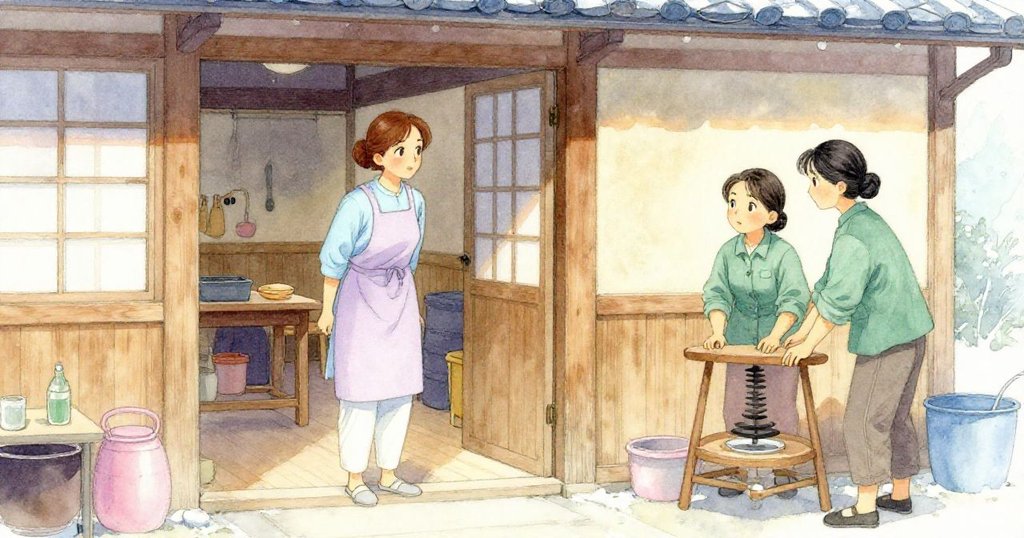 艾芙走進古色古香的作坊門口，注視著蘇姬穩定轉台，神情好奇，光線柔和，場景溫馨而充滿期待