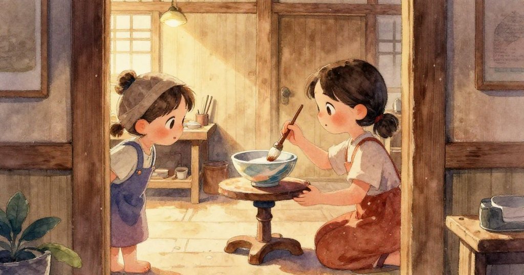 從艾芙視角看見轉台上的半成品碗，刷筆動作留下微妙紋路，光影交錯呈現神秘質感，場景細膩而富有詩意