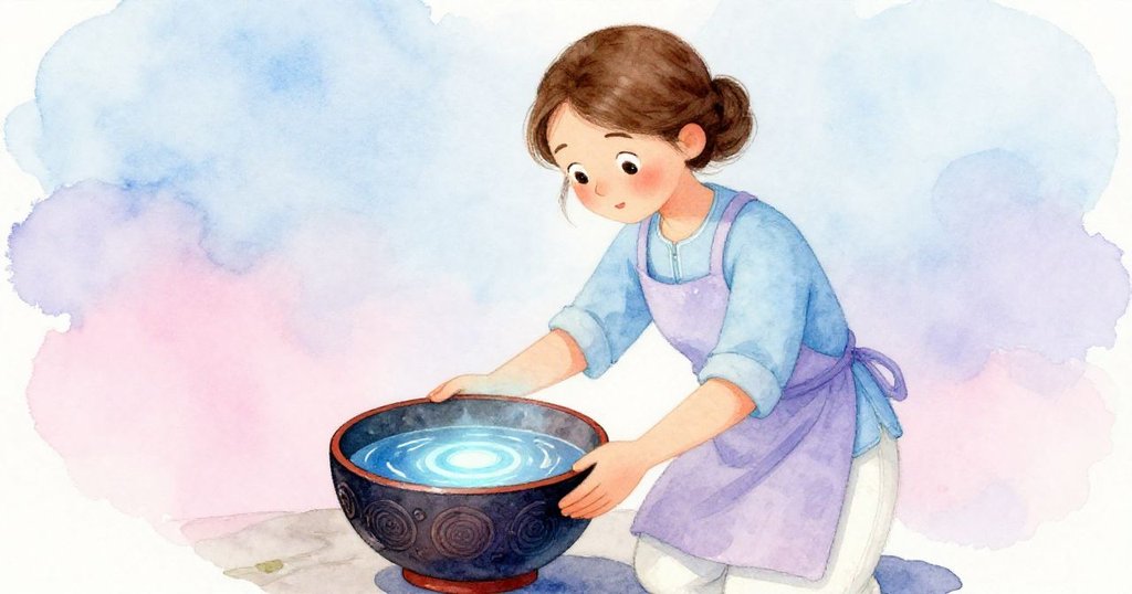 艾芙驚喜發現碗上隱藏的紋路與光環交錯呈現變化，動作細膩充滿驚奇，燈光魔幻柔和