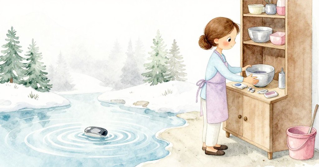 艾芙平靜地將變化神秘的碗放入櫃中，同時取回磨光石，作坊水槽細語映照出餘光，她緩步走向走廊