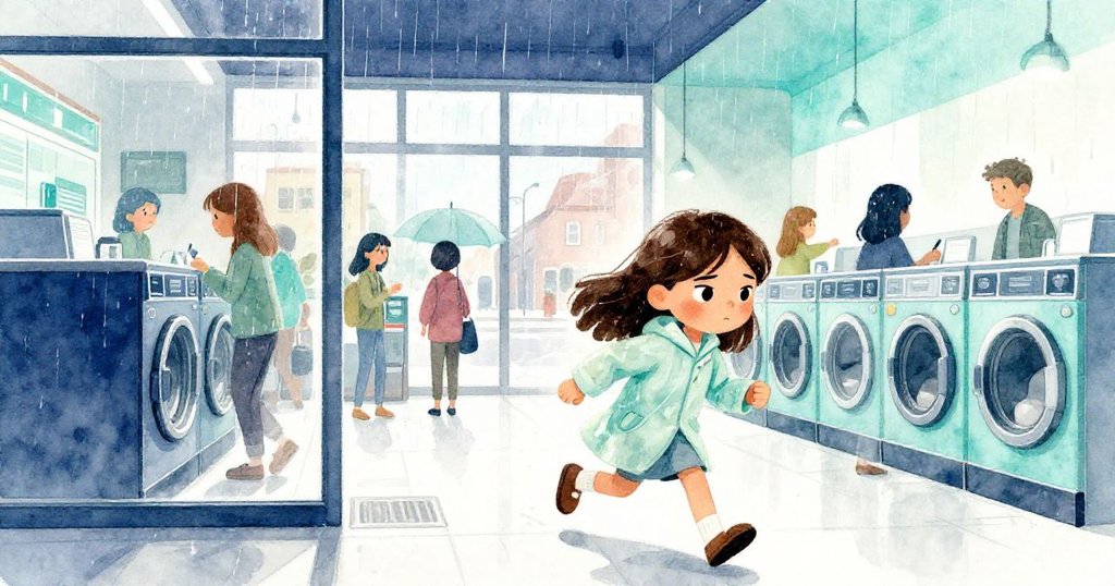 昆恩穿著濕潤雨衣踏入繁忙自助洗衣店，外面雨滴斜落，眾人與洗衣機交織背景展現活力情景。